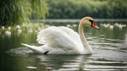 Obraz premium A white swan swimming in a lake with green trees. Generative AI.