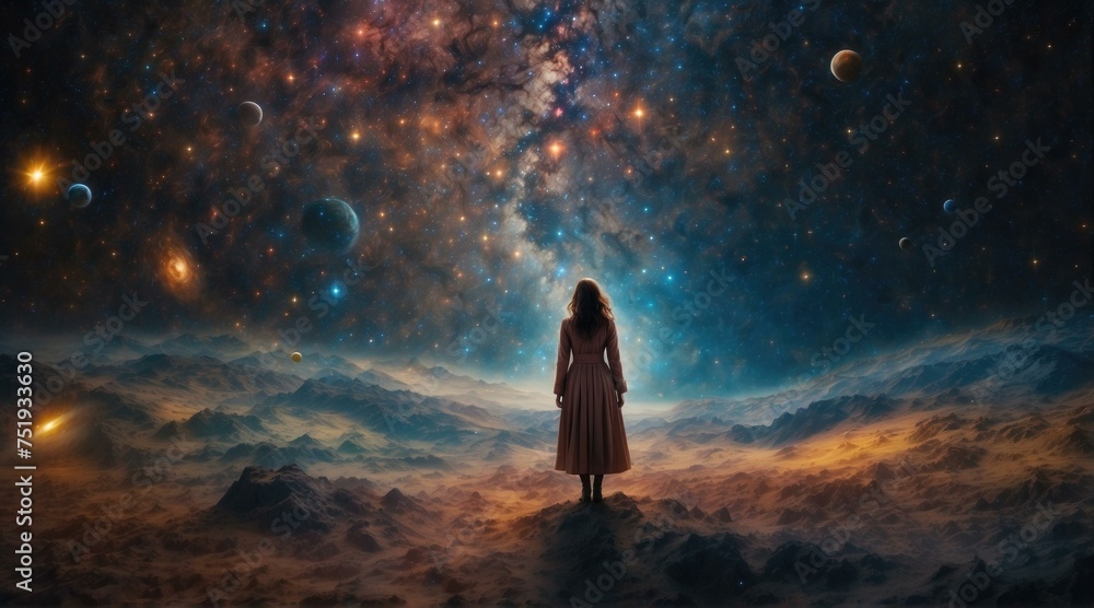 Canvas Prints A woman standing in front of a galaxy with stars and planets. Generative AI.