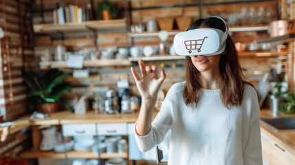 Woman with virtual reality glasses clicks on the shopping cart icon. Online shopping concept in augmented reality glasses
 - obrazy, fototapety, plakaty