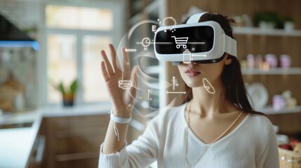 Woman with virtual reality glasses clicks on the shopping cart icon. Online shopping concept in augmented reality glasses
 - obrazy, fototapety, plakaty