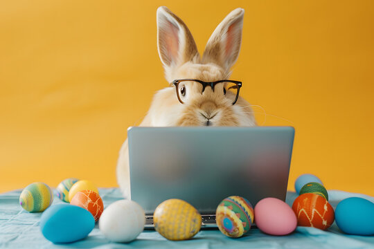 Funny cute bunny rabbit looking computer laptop in glasses. Easter background.