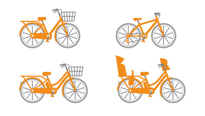 オレンジカラーの自転車のイラスト。ママチャリ、電動自転車とクロスバイクのベクターセット。