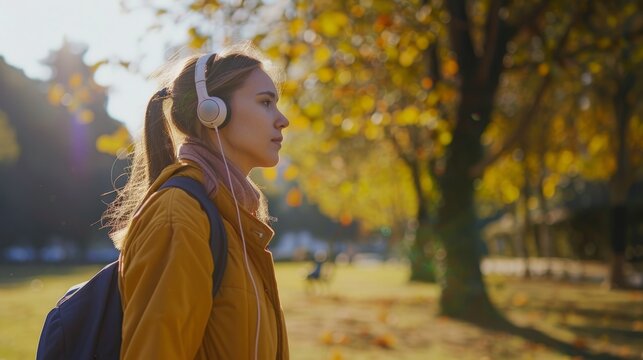 woman walking with headphones on generative ai