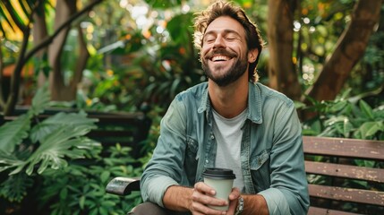 Fototapeta premium Happy man holding coffee cup on bench in garden