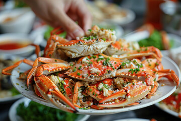 A hand grabbing a crispy crab from a pile, food and culinary