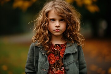 portrait of a beautiful little girl with curly hair in autumn park