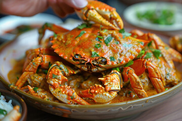 A hand grabbing a curry crab from a pile, food and culinary