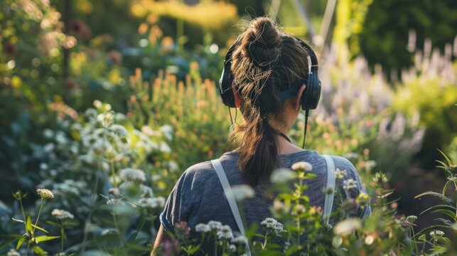 a woman gardening, headphones on, enjoying her favorite tunes generative ai