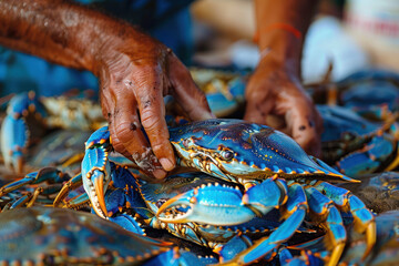 A hand grabbing a blue crab from a pile, food and conservation concept