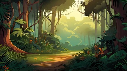 Wild forest with lush grass and trees tropical forest vector illustration