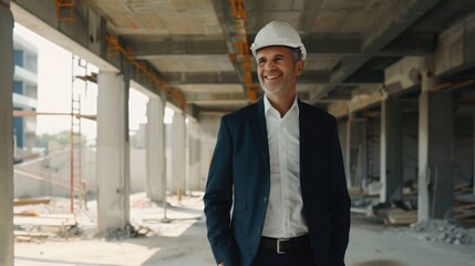 Happy mature architect wearing hardhat standing at construction site - obrazy, fototapety, plakaty