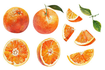 Watercolor set of oranges with hand paint texture on a transparent background, sliced ​​orange, and orange segments, and leaves.