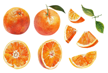 Watercolor set of oranges with hand paint texture on a transparent background, sliced ​​orange, and orange segments, and leaves.