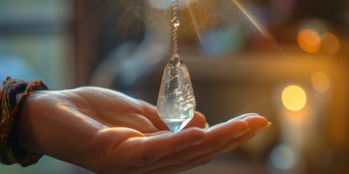 A closeup of a crystal pendulum gently swinging over a persons hand in order to receive guidance and wisdom from the ancients.