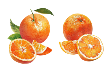 Watercolor set of oranges with hand paint texture on a transparent background, sliced ​​orange, and orange segments, and leaves.