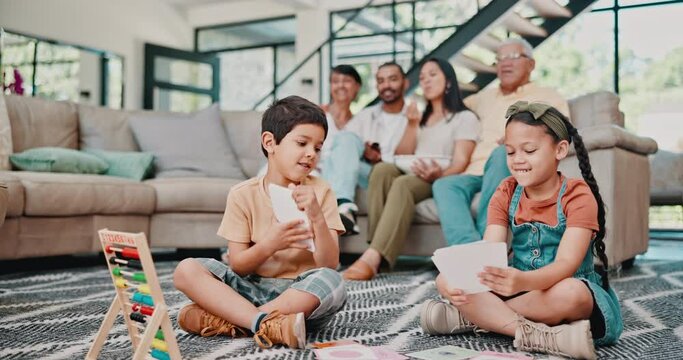 Relax, big family and kids with homework, happy and bonding together with child development. Apartment, grandparents and mother with father and siblings with weekend break, fun and educational games