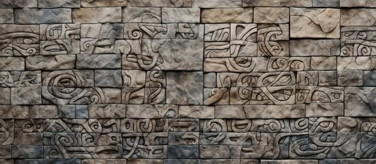 The stone wall is covered in a multitude of intricate carvings, showcasing detailed artistry in the form of various patterns and designs. Each carving adds a unique touch to the overall texture of the