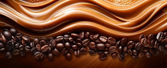 Velvety waves of rich espresso crema flowing over roasted coffee beans, capturing the warm essence and dynamic energy of a freshly brewed gourmet coffee.