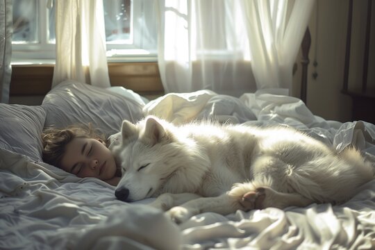 A young girl and her white samoyed enjoying a peaceful sleep together in a sunlit bedroom