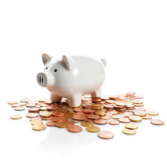 Coins under a white piggy bank