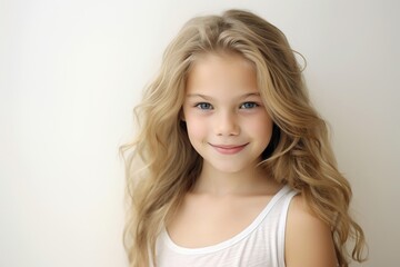 portrait of a beautiful little girl with long blond hair, studio shot
