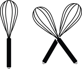 Balloon whisk set for mixing and whisking flat vector icon, Black vector whisk icon, Minimalist whisk for mixing and whisking solid vector design. Kitchen concept symbol. Egg whisk clipart.
