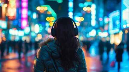 woman walking through illuminated streets, silhouette from behind, absorbed in her music generative ai