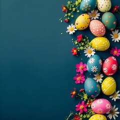 Colorful easter eggs with spring flowers on dark blue background.