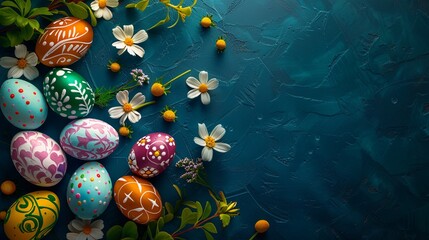 Fototapeta na wymiar Colorful easter eggs with spring flowers on dark blue background.