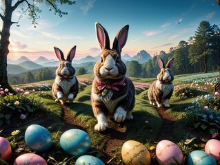 Easter bunnies with eggs in spring landscape - obrazy, fototapety, plakaty