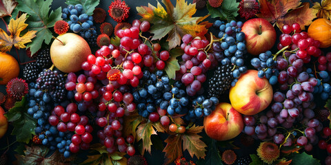 Obraz na płótnie Canvas Autumn Harvest Cornucopia. Colourful autumn fruits with leaves arrangement.