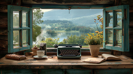 A home office setup include a vintage wooden desk with a classic typewriter, an old leather-bound journal, cup of steaming tea. A window showing a view of rolling hills and serene lake.