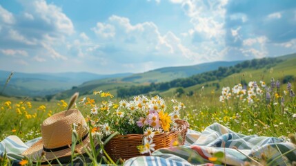 Fototapeta premium picnic with a bouquet of wildflowers generative ai