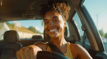 Happy young woman sitting on driver's seat in car - obrazy, fototapety, plakaty