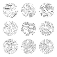 Topographic map with contour lines. Geographic terrain grid, relief height elevation. Ground path pattern. Travel and navigation, cartography design element. Vector illustration