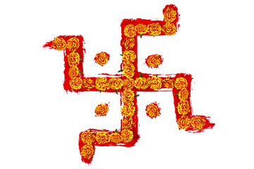 indian hindu religious spiritual symbol swastik or swastica made with marigold flower use for blessing,luck,god,diwali,holi puja and other religion work,cutout transparent background,png format