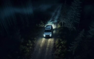 Adventure night trip in the forest, aerial view from car headlights on deep forest road