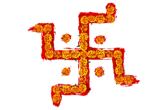 indian hindu religious spiritual symbol swastik or swastica made with marigold flower use for blessing,luck,god,diwali,holi puja and other religion work,cutout transparent background,png format