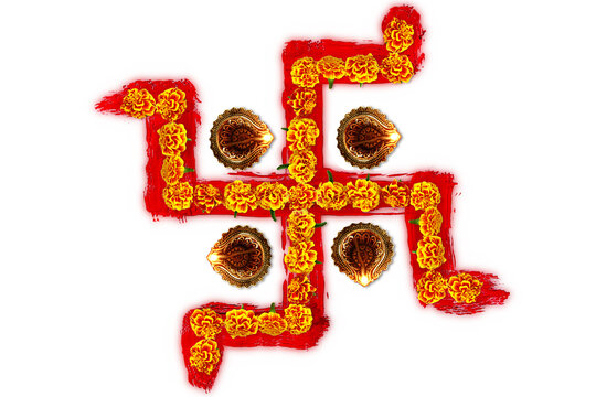 indian hindu religious spiritual symbol swastik or swastica made with flower and lamp use for blessing,luck,god,diwali,holi puja and other religion work,cutout transparent background,png format