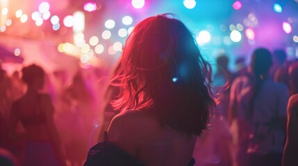 woman dancing in a crowd, backlit by colorful lights, generative ai