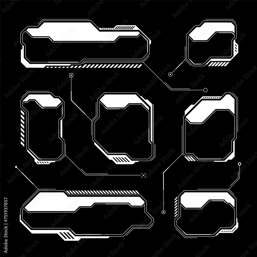 Poster White futuristic HUD, UI elements. Sci-fi user interface text boxes, callouts. Warning message frames, information boxes template. Modern game interface layout in digital style. Vector illustration