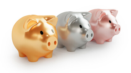 Three piggy banks. Gold, silver and bronze materials. 3d rendering.