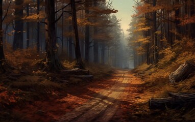 Quiet forest near empty road. Autumn afternoon. generative ai