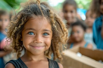 Joyful young girl with curly hair smiling at camera, group of diverse children background, happy childhood moment