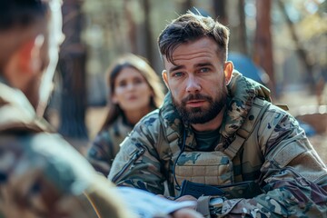 Fototapeta premium Close-up of a Focused Male Soldier in Camouflage Gear Listening during a Tactical Discussion in the Forest