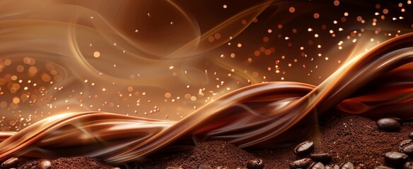 Glistening coffee splashes over roasted beans, capturing the lively spirit of a fresh brew in motion.