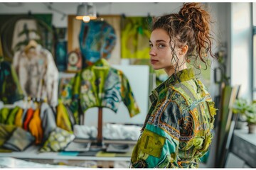 Stylish Young Woman in Funky Patchwork Jacket Posing in an Artistic Studio with Colorful Paintings