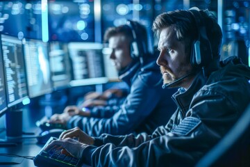 Fototapeta premium Professional Gamers Wearing Headsets Playing in a Dark Esports Gaming Room with Multiple Screens