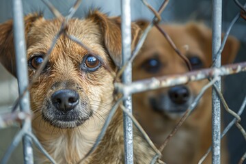 Close-up of Two Sad Dogs Behind a Metal Fence in an Animal Shelter, Waiting for Adoption