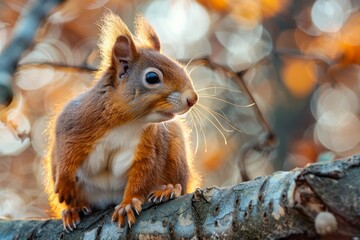 Close-Up of a Red Squirrel on a Tree Branch with Soft Focus Autumn Background in Warm Sunlight